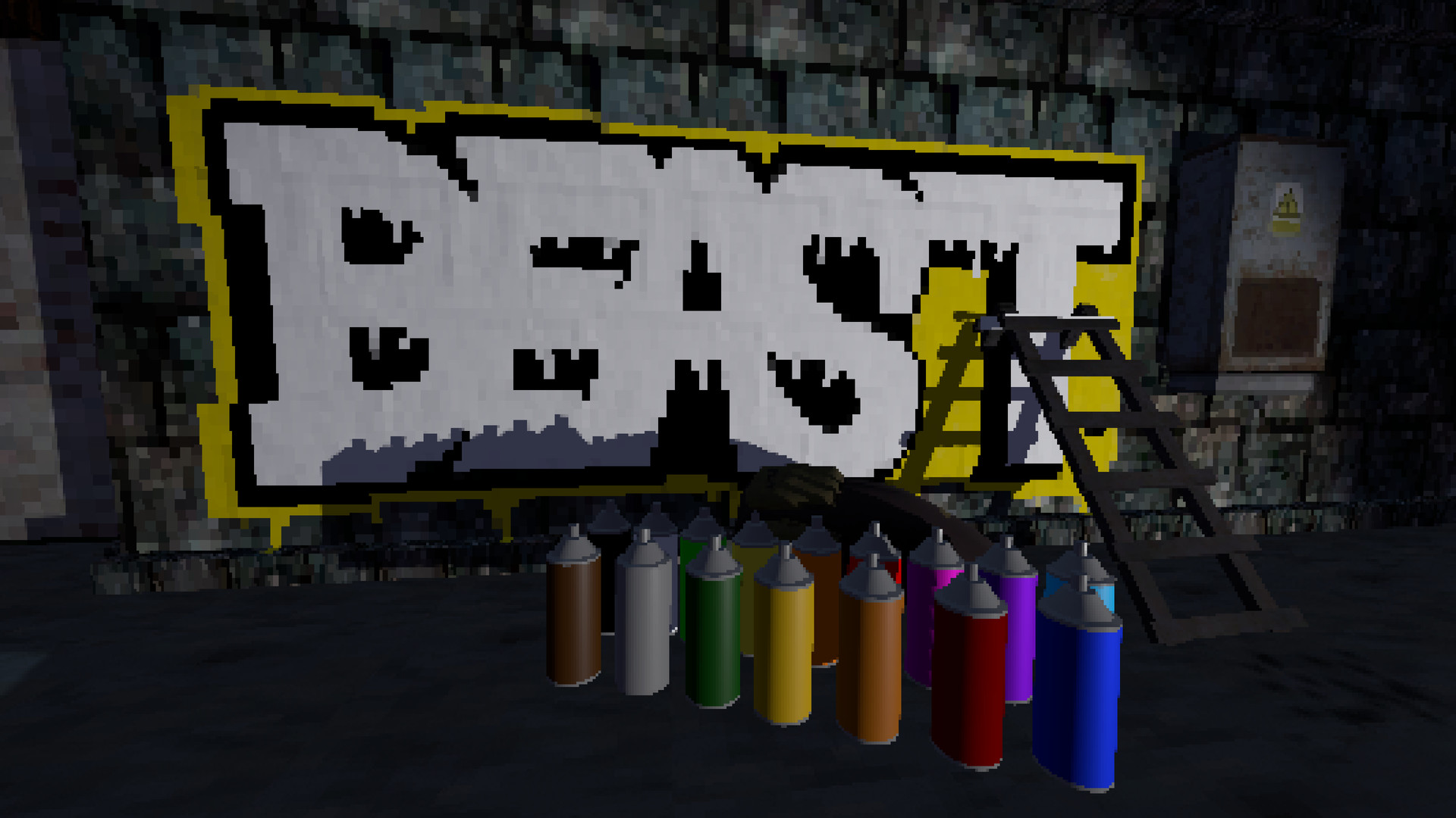 A screenshot from Bombing!! A Graffiti Sandbox, depicting the word BEAST spraypainted on a wall
