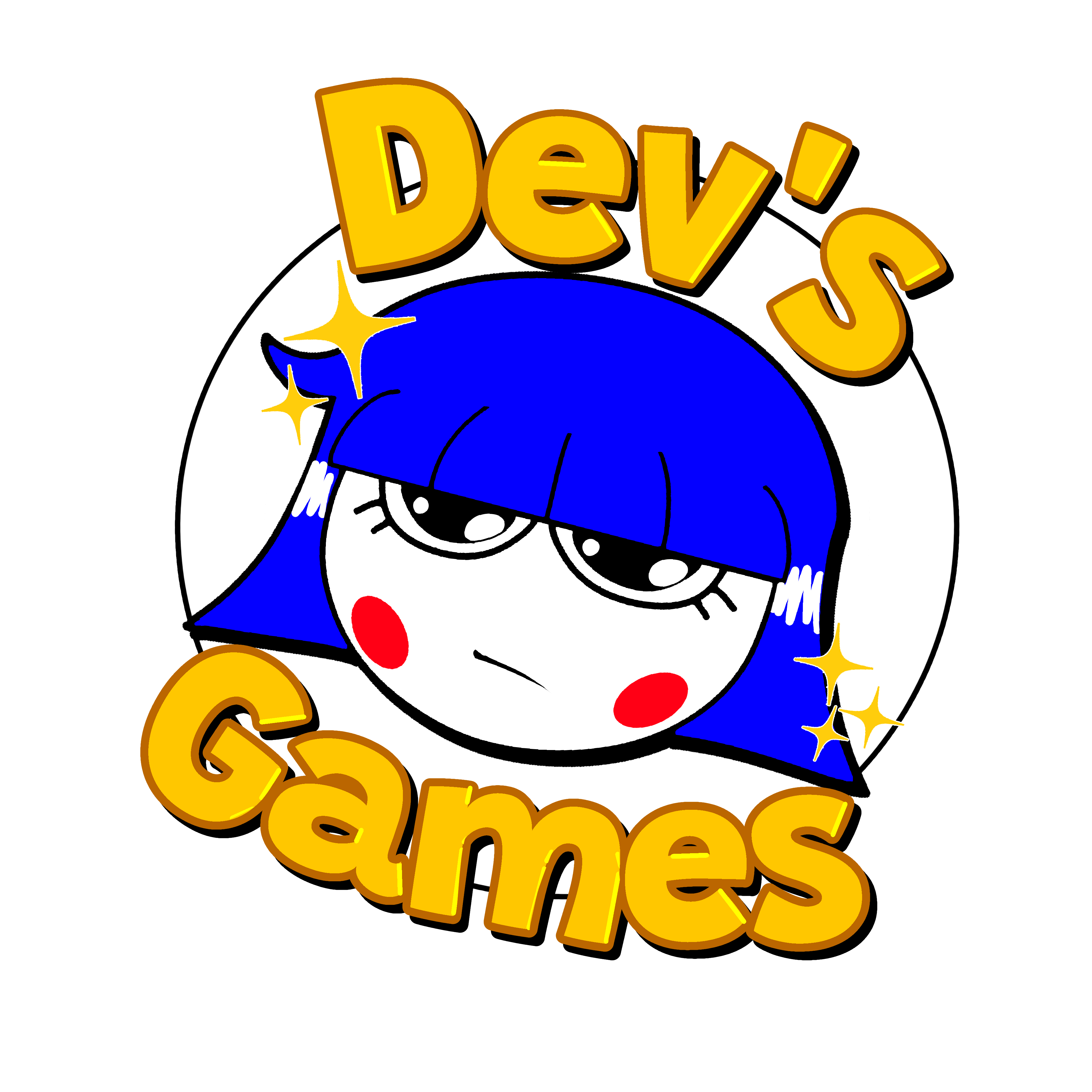 A logo that says Dev's Games with the face of an unimpressed girl with blue hair in the centre.