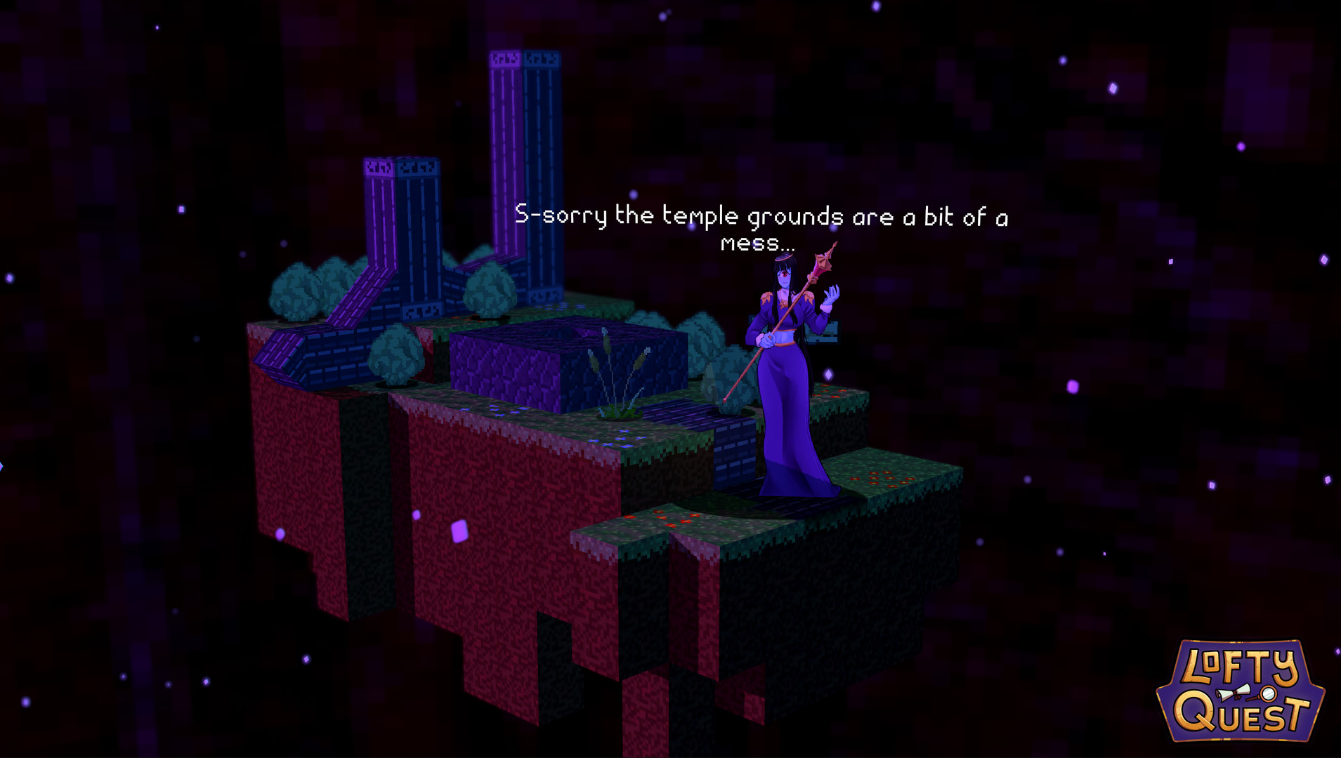 A screenshot from Lofty Quest, depicting a young girl standing on an isometric looking ruins