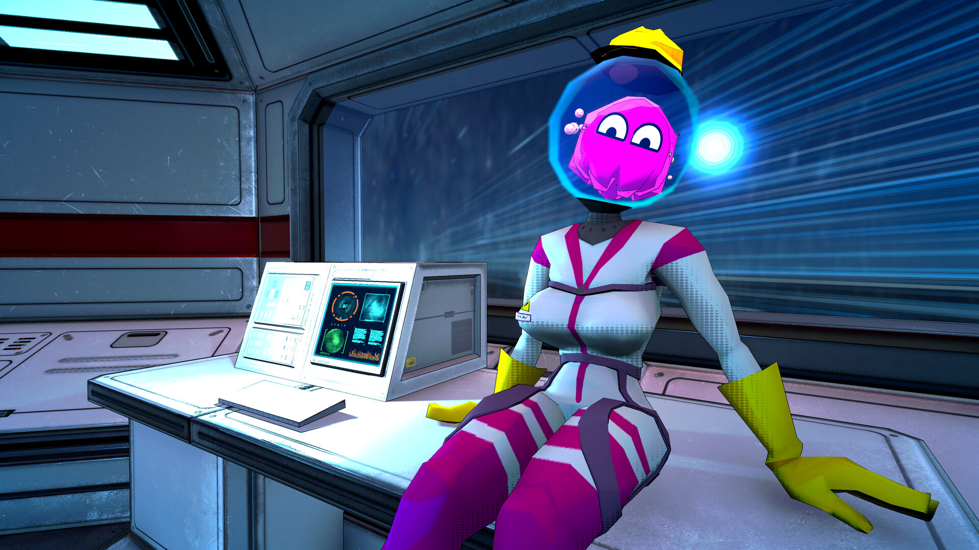 A brightly colored, cartoon-style female figure sits at a white control panel in a futuristic, minimalist room. She wears a pink and white spacesuit with a large, glowing blue dome helmet and a yellow hard hat. The room has a gray floor and a blurred, blue background. The control panel features multiple screens and buttons.